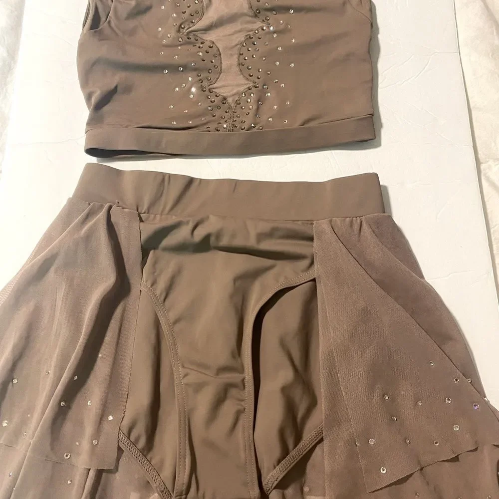Weissman Ivy Sky Swarovski crystal solo dance taupe 2 piece S10710 S10715 SA MA